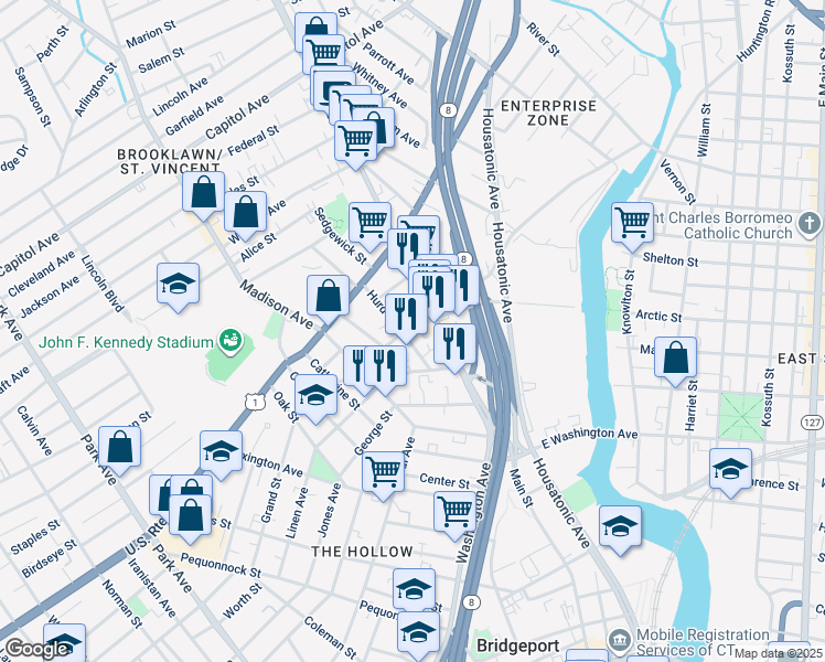 map of restaurants, bars, coffee shops, grocery stores, and more near 427 Grand Street in Bridgeport