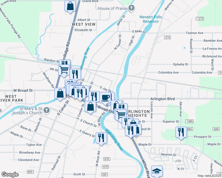 map of restaurants, bars, coffee shops, grocery stores, and more near 77 Bridge Street in Newton Falls