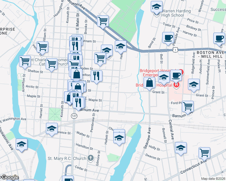 map of restaurants, bars, coffee shops, grocery stores, and more near 527 Hallett Street in Bridgeport