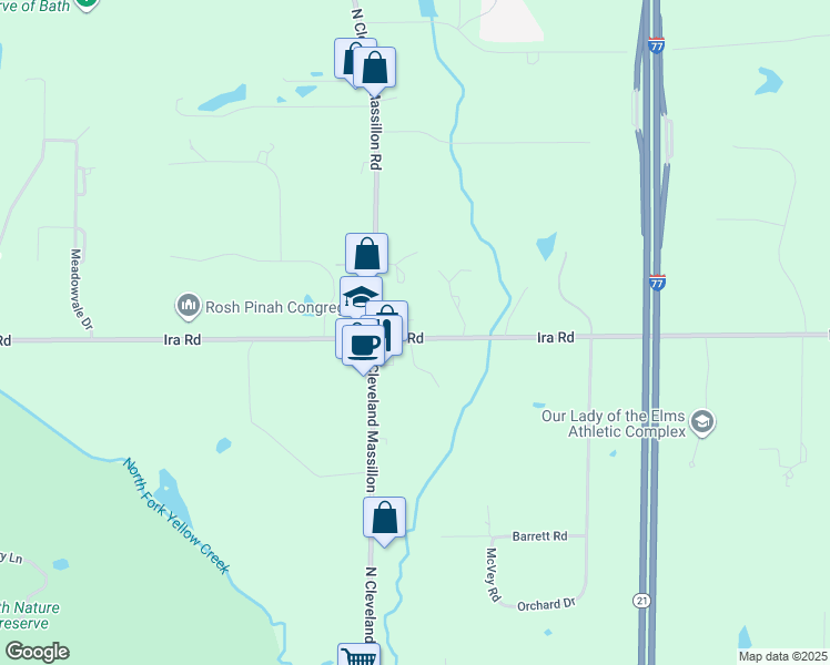 map of restaurants, bars, coffee shops, grocery stores, and more near 3675 Ira Road in Akron