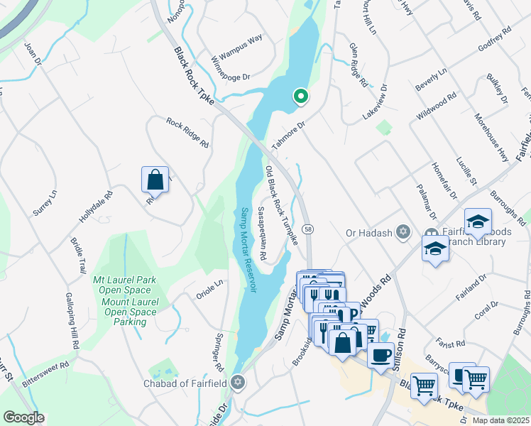 map of restaurants, bars, coffee shops, grocery stores, and more near 80 Sasapequan Road in Fairfield