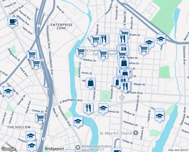 map of restaurants, bars, coffee shops, grocery stores, and more near 216 Maple Street in Bridgeport