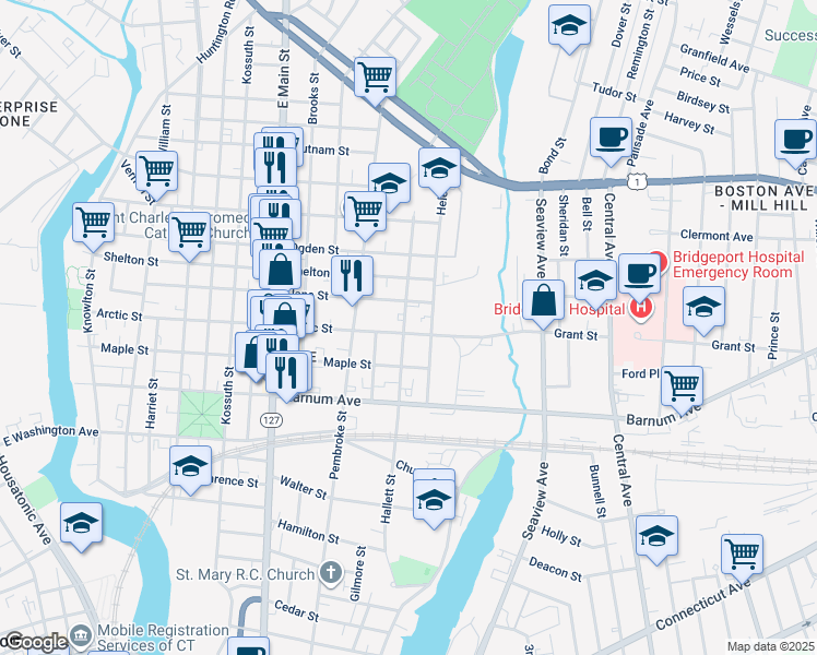 map of restaurants, bars, coffee shops, grocery stores, and more near 749 Arctic Street in Bridgeport