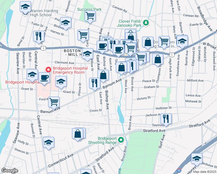 map of restaurants, bars, coffee shops, grocery stores, and more near in Bridgeport