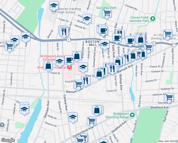 map of restaurants, bars, coffee shops, grocery stores, and more near 36 Judson Place in Bridgeport