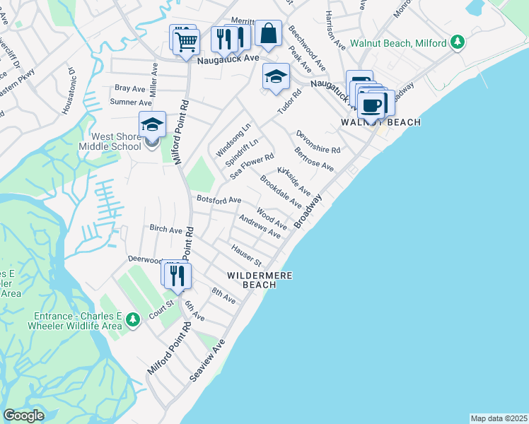 map of restaurants, bars, coffee shops, grocery stores, and more near 33 Andrews Avenue in Milford