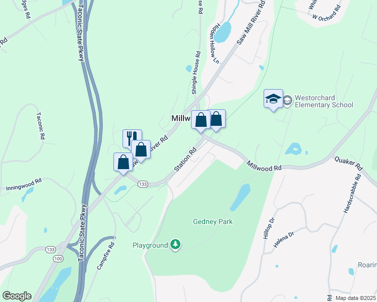 map of restaurants, bars, coffee shops, grocery stores, and more near 10 Station Place in Millwood