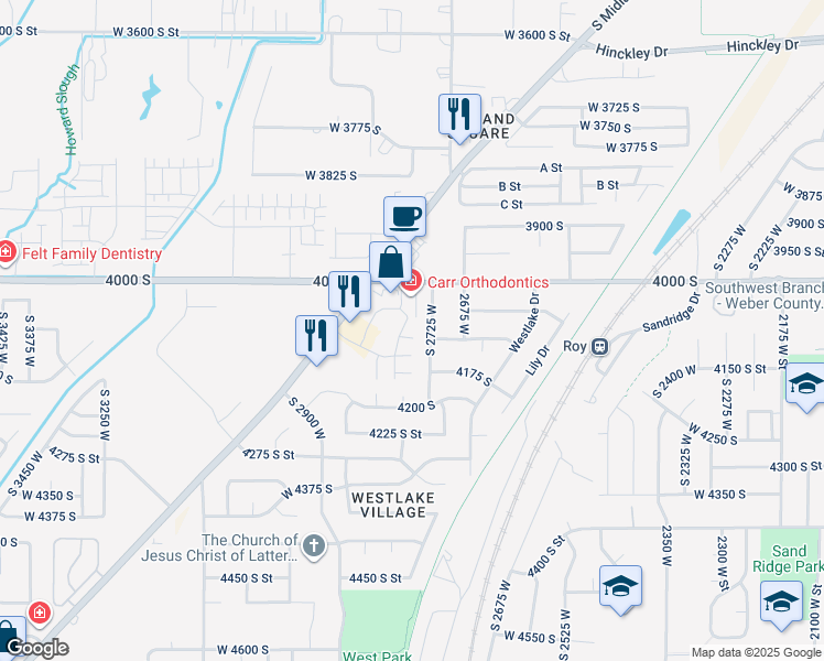 map of restaurants, bars, coffee shops, grocery stores, and more near 4147 South 2725 West in Roy