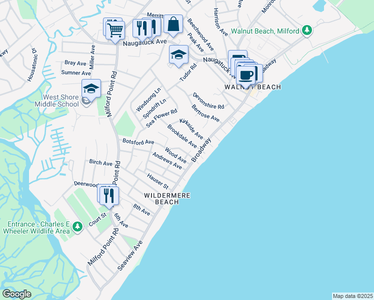 map of restaurants, bars, coffee shops, grocery stores, and more near 7 Wood Avenue in Milford