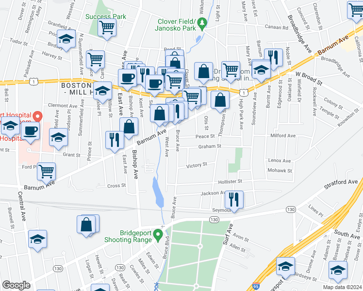 map of restaurants, bars, coffee shops, grocery stores, and more near 323 Bruce Avenue in Stratford