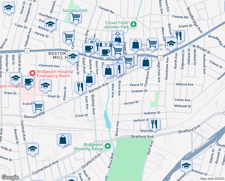 map of restaurants, bars, coffee shops, grocery stores, and more near 179-305 West Avenue in Stratford
