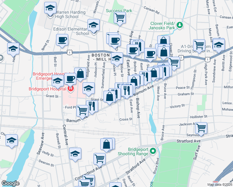 map of restaurants, bars, coffee shops, grocery stores, and more near 1651 Barnum Avenue in Bridgeport
