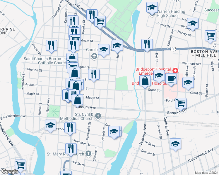 map of restaurants, bars, coffee shops, grocery stores, and more near 527 Hallett Street in Bridgeport