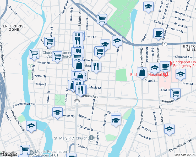 map of restaurants, bars, coffee shops, grocery stores, and more near 1048 Pembroke Street in Bridgeport
