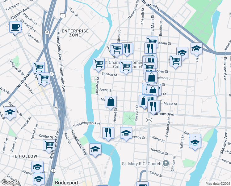 map of restaurants, bars, coffee shops, grocery stores, and more near 216 Maple Street in Bridgeport