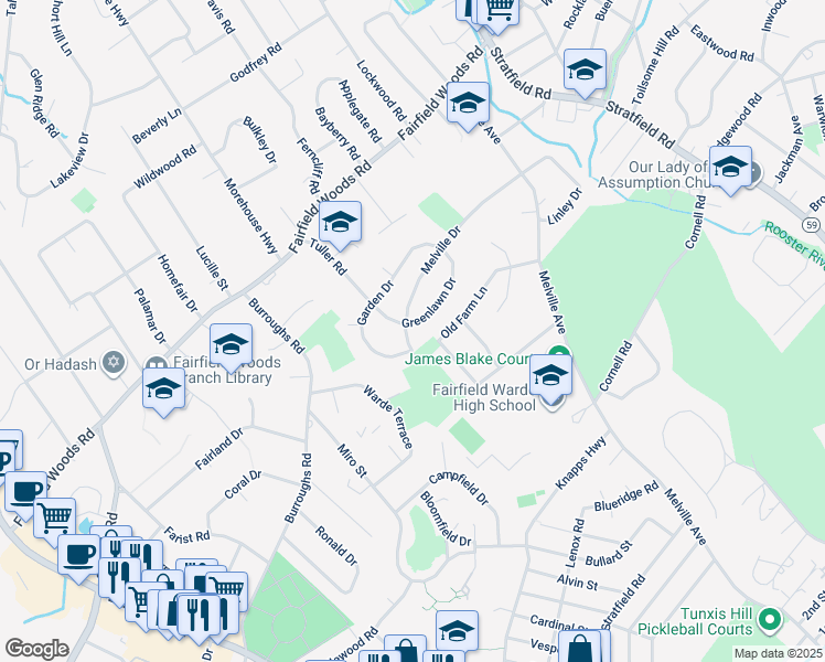 map of restaurants, bars, coffee shops, grocery stores, and more near 98 Old Farm Lane in Fairfield