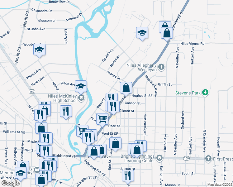 map of restaurants, bars, coffee shops, grocery stores, and more near 28 Blaine Street in Niles