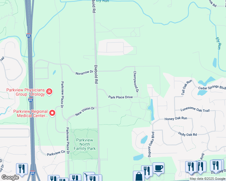 map of restaurants, bars, coffee shops, grocery stores, and more near 4145 New Vision Drive in Fort Wayne