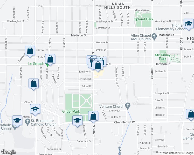 map of restaurants, bars, coffee shops, grocery stores, and more near 7100 South 36th Street in Bellevue
