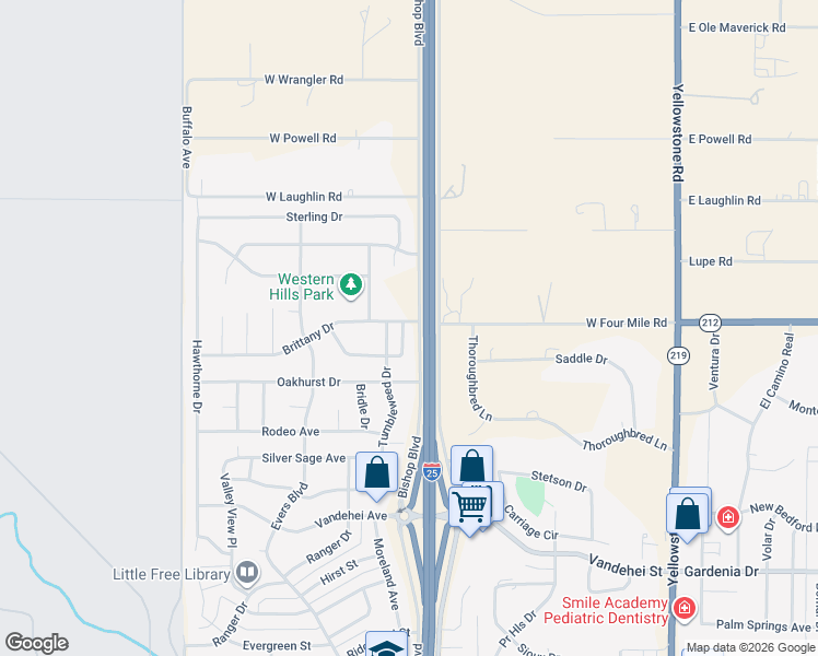 map of restaurants, bars, coffee shops, grocery stores, and more near 7432 Hilary Drive in Cheyenne