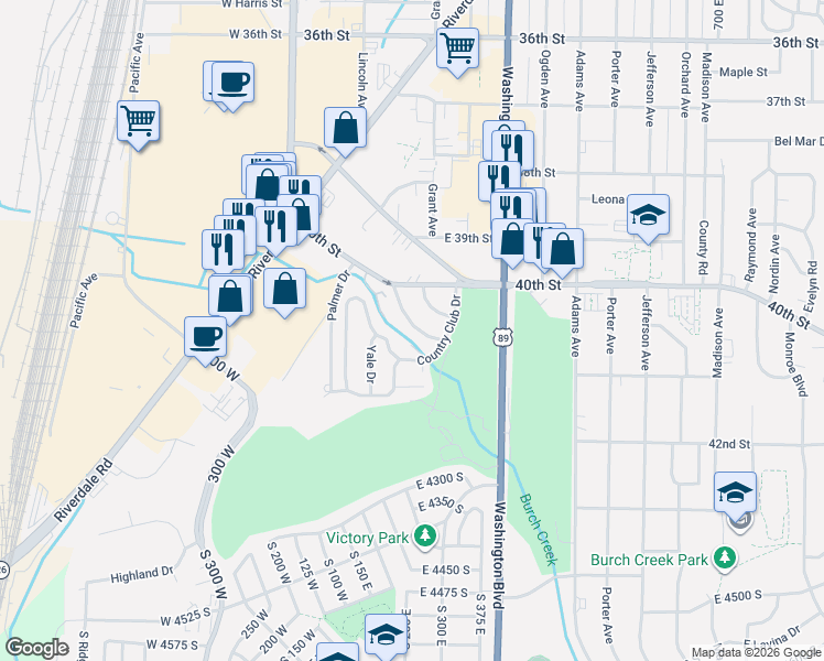 map of restaurants, bars, coffee shops, grocery stores, and more near 4055 Hillcrest Circle in Ogden