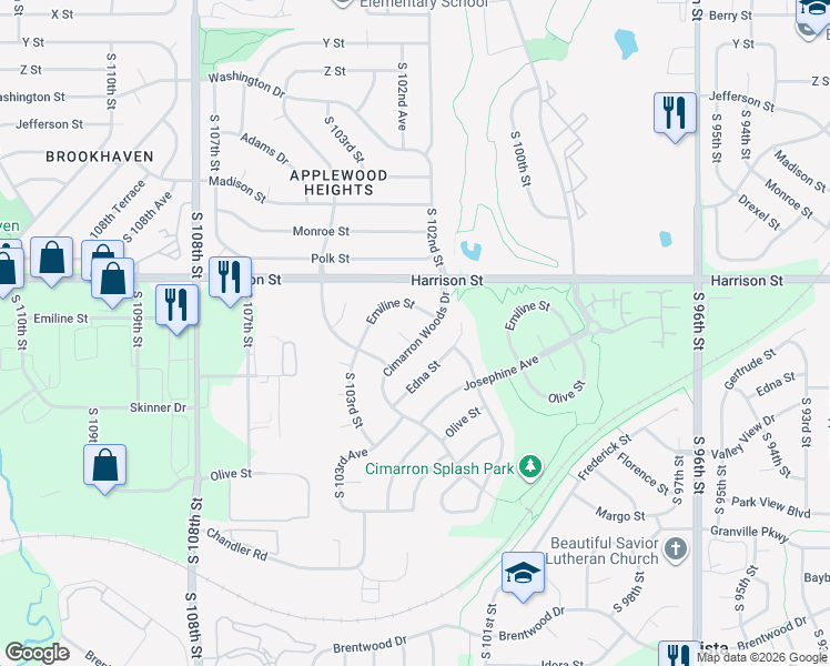 map of restaurants, bars, coffee shops, grocery stores, and more near 10243 Cimarron Woods Drive in La Vista