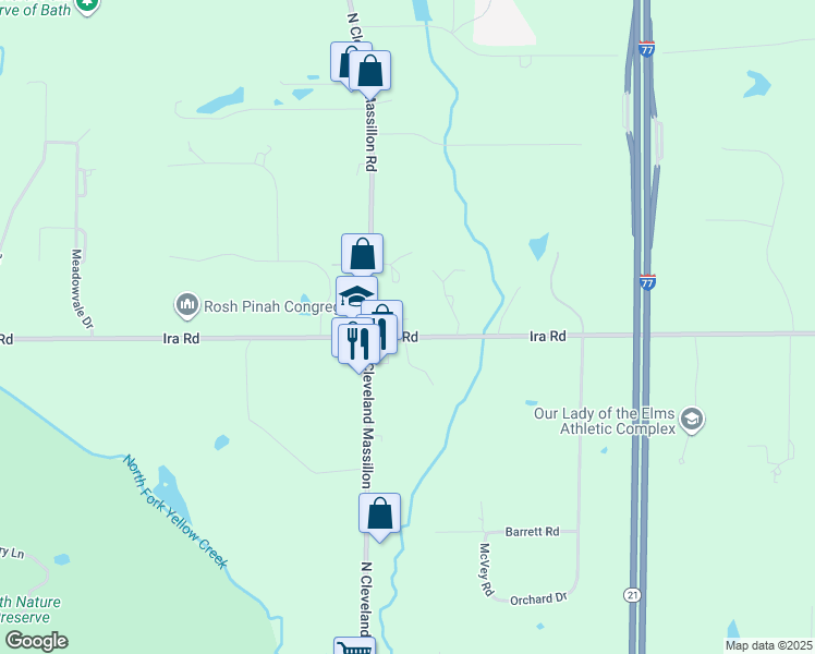 map of restaurants, bars, coffee shops, grocery stores, and more near 3675 Ira Road in Akron