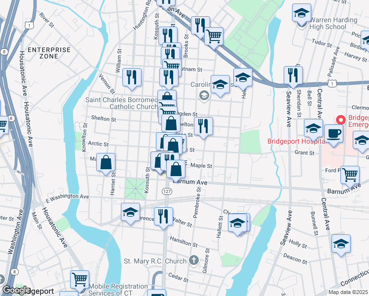 map of restaurants, bars, coffee shops, grocery stores, and more near 360 Jane Street in Bridgeport