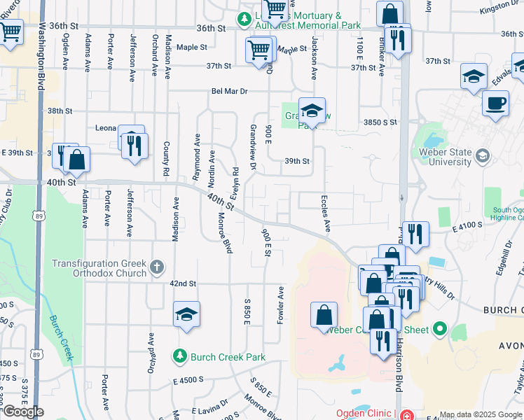 map of restaurants, bars, coffee shops, grocery stores, and more near 4060 South 875 East in Ogden