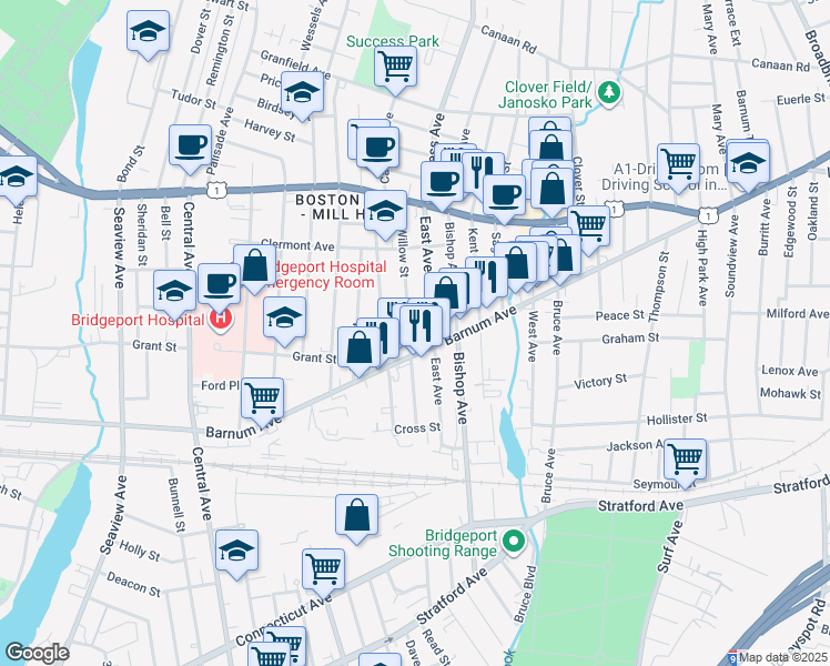 map of restaurants, bars, coffee shops, grocery stores, and more near 259 Willow Street in Bridgeport