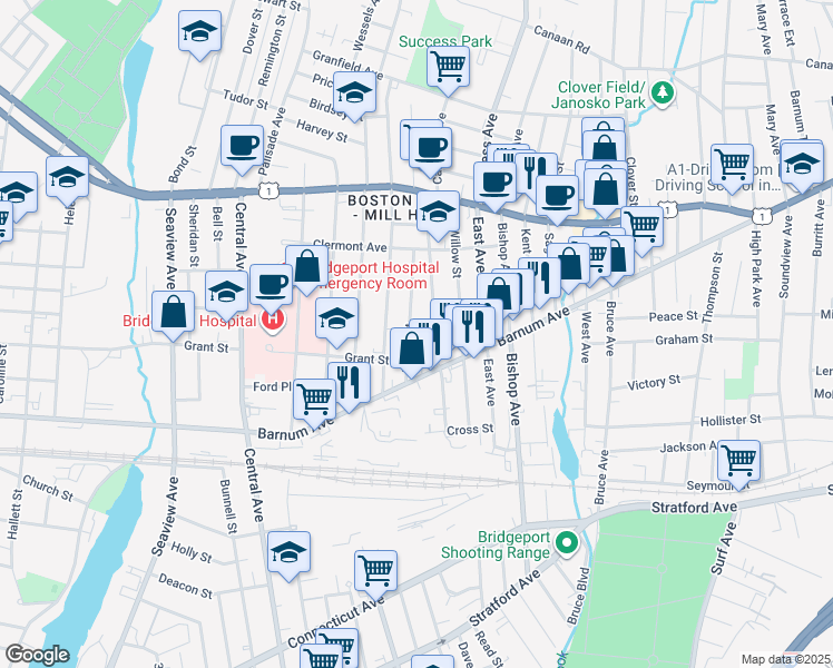 map of restaurants, bars, coffee shops, grocery stores, and more near 146 Prince Street in Bridgeport