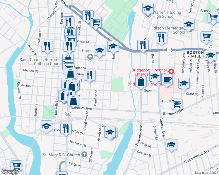 map of restaurants, bars, coffee shops, grocery stores, and more near 265 Helen Street in Bridgeport