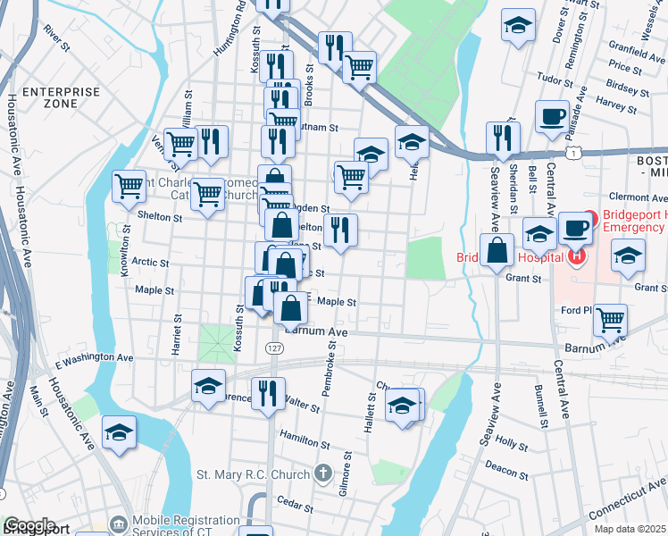 map of restaurants, bars, coffee shops, grocery stores, and more near 1167 Pembroke Street in Bridgeport