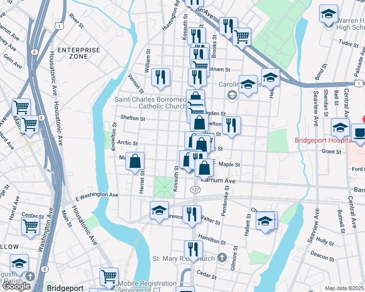 map of restaurants, bars, coffee shops, grocery stores, and more near 844 Kossuth Street in Bridgeport