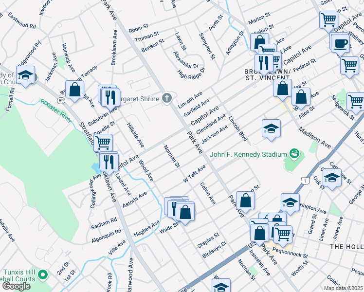 map of restaurants, bars, coffee shops, grocery stores, and more near 1365 Capitol Avenue in Bridgeport