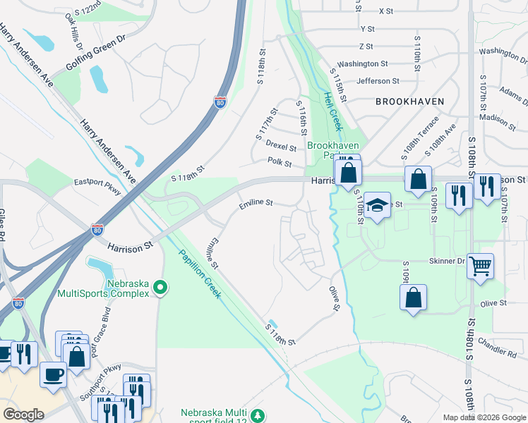 map of restaurants, bars, coffee shops, grocery stores, and more near 11622 Emiline St in La Vista
