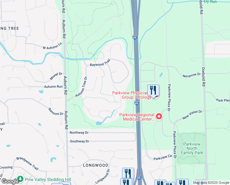 map of restaurants, bars, coffee shops, grocery stores, and more near 11608-11698 Linden Grove Dr in Fort Wayne