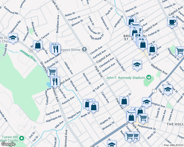 map of restaurants, bars, coffee shops, grocery stores, and more near 1365 Capitol Avenue in Bridgeport