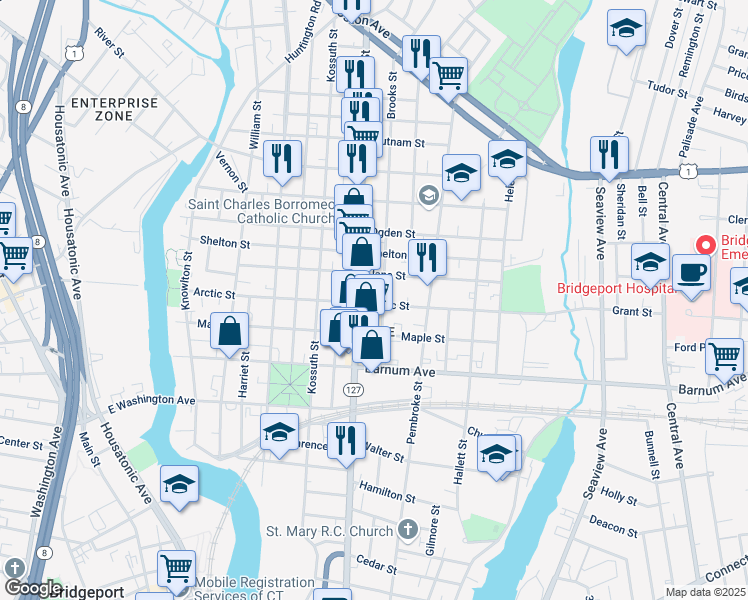 map of restaurants, bars, coffee shops, grocery stores, and more near 499 Arctic Street in Bridgeport