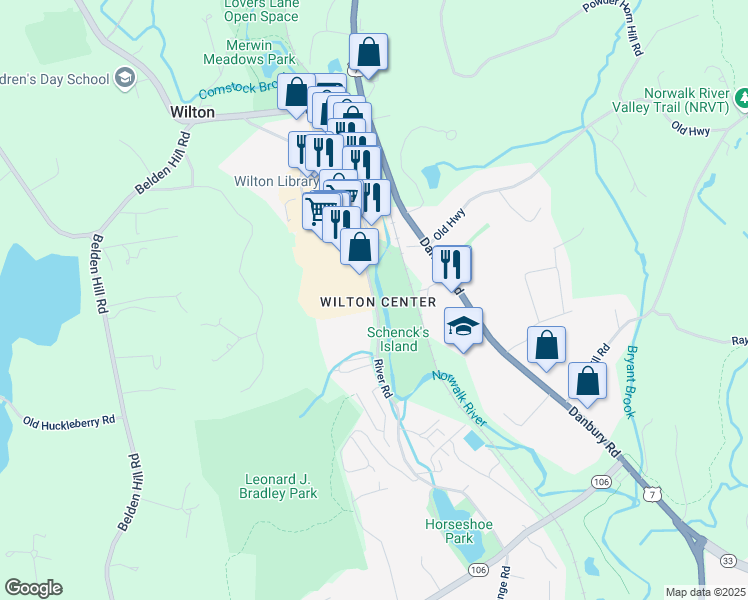 map of restaurants, bars, coffee shops, grocery stores, and more near 51 River Road in Wilton