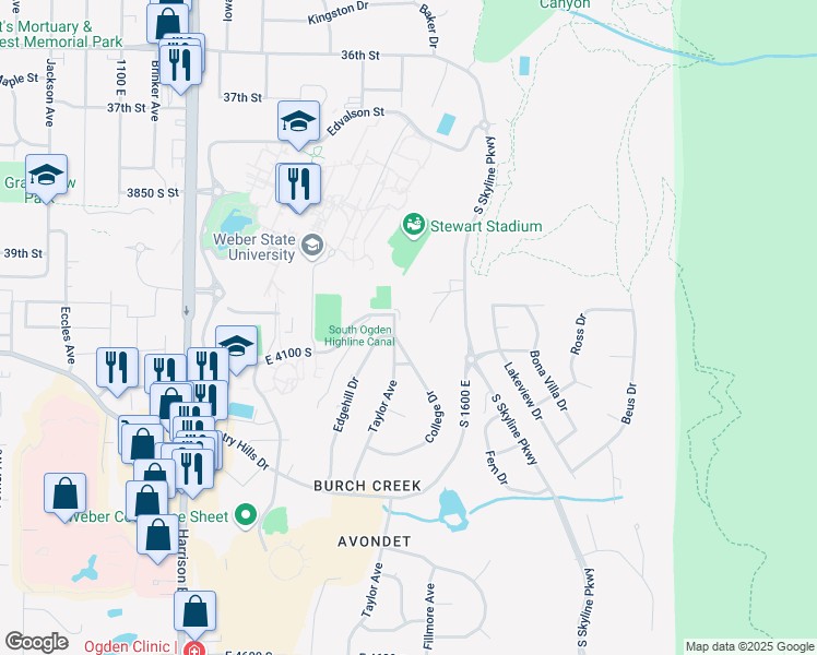 map of restaurants, bars, coffee shops, grocery stores, and more near 4022 Taylor Avenue in Ogden