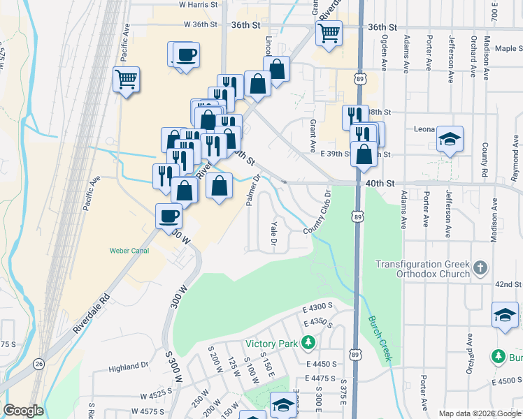 map of restaurants, bars, coffee shops, grocery stores, and more near 178 Country Club Drive in South Ogden