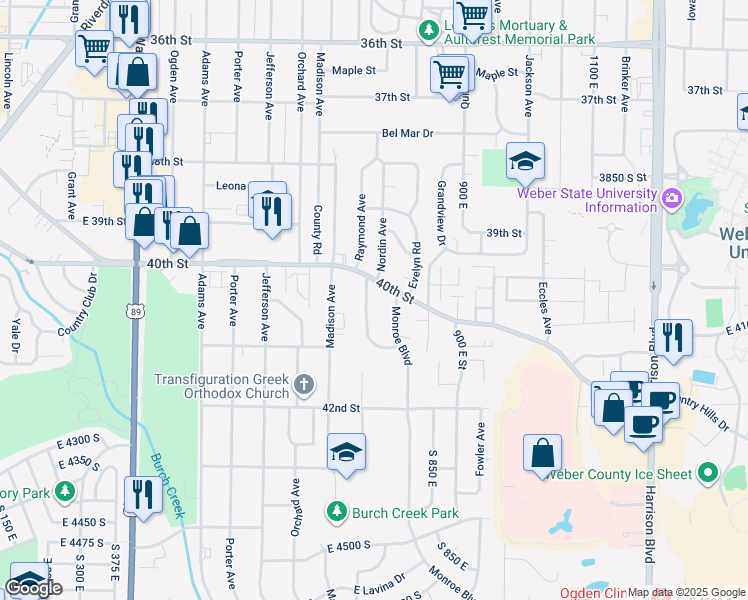 map of restaurants, bars, coffee shops, grocery stores, and more near 4024 Liberty Avenue in Ogden