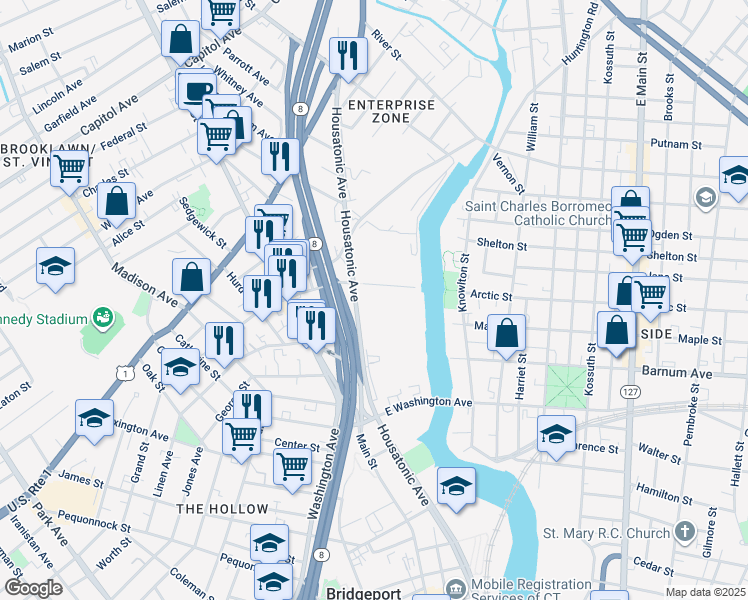 map of restaurants, bars, coffee shops, grocery stores, and more near 552 Housatonic Avenue in Bridgeport