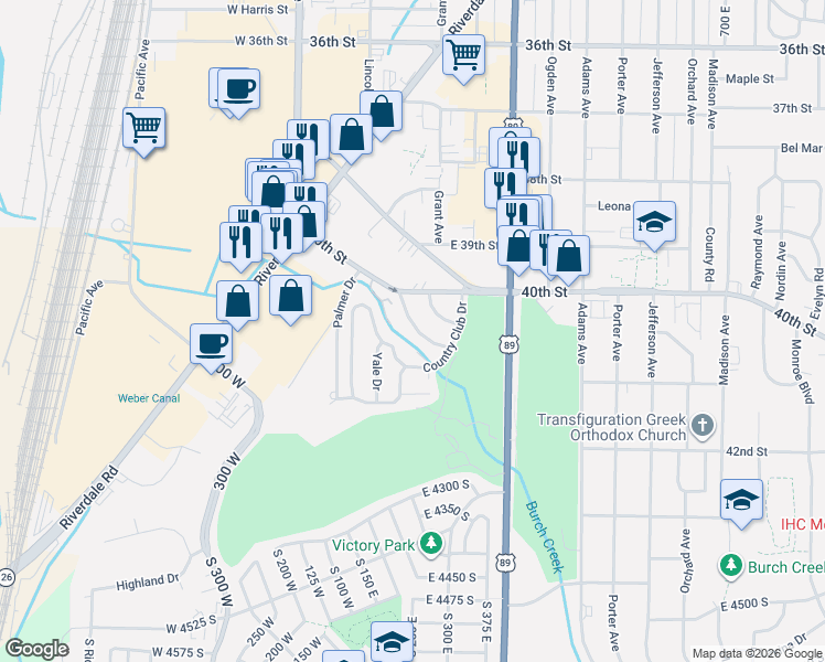 map of restaurants, bars, coffee shops, grocery stores, and more near 4045 Hillcrest Circle in South Ogden
