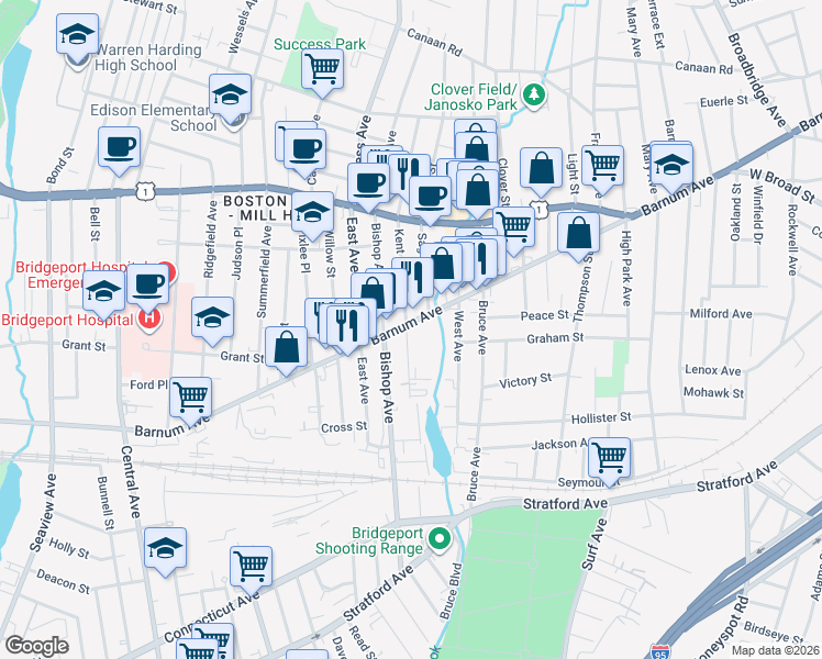 map of restaurants, bars, coffee shops, grocery stores, and more near 25 Kent Avenue in Bridgeport