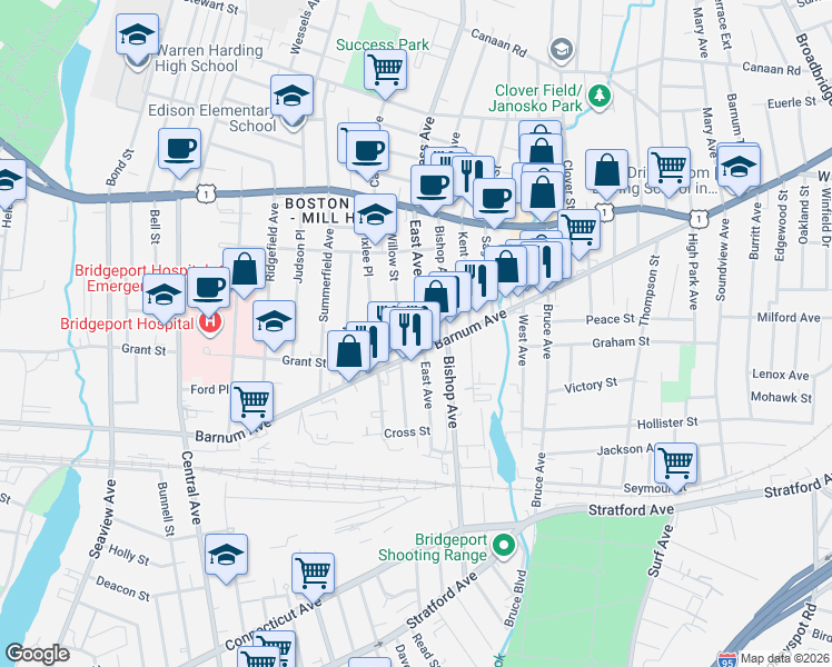 map of restaurants, bars, coffee shops, grocery stores, and more near 298 East Avenue in Bridgeport