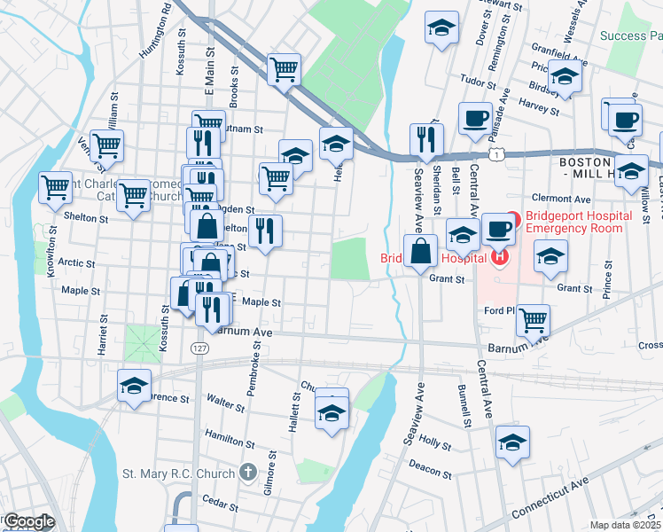 map of restaurants, bars, coffee shops, grocery stores, and more near 265 Helen Street in Bridgeport