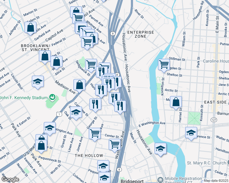 map of restaurants, bars, coffee shops, grocery stores, and more near 1930 Main Street in Bridgeport