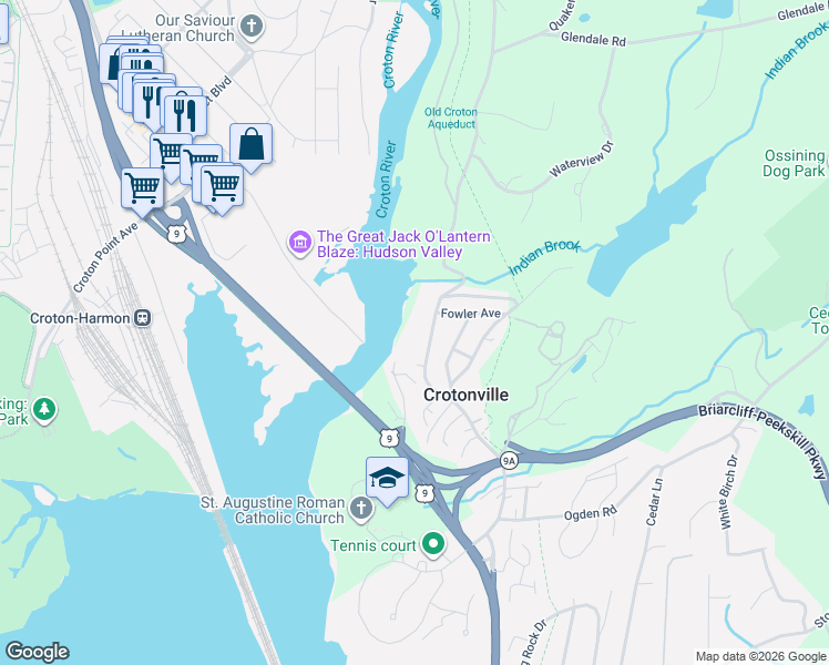 map of restaurants, bars, coffee shops, grocery stores, and more near 65 Old Albany Post Road in Ossining
